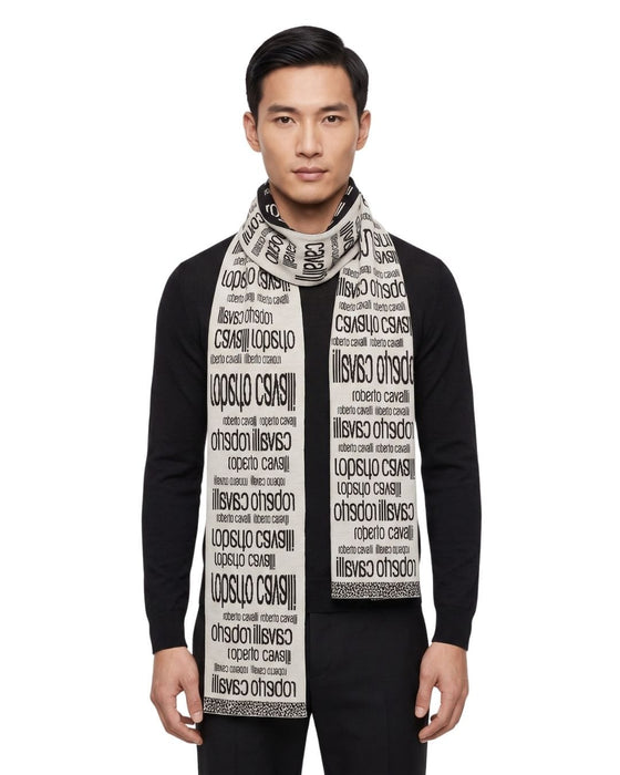 Roberto Cavalli Black & Cream Cheetah Print Mens Wool Scarf