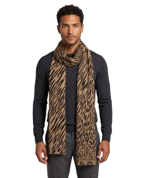 Roberto Cavalli Orange & Black Spotted Tiger stripe Mens Wool Scarf