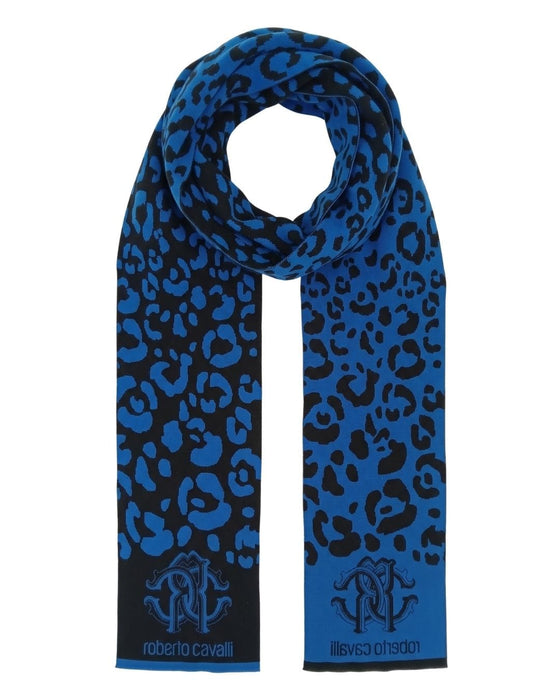 Roberto Cavalli Blue Jaguar Print Mens Wool Scarf