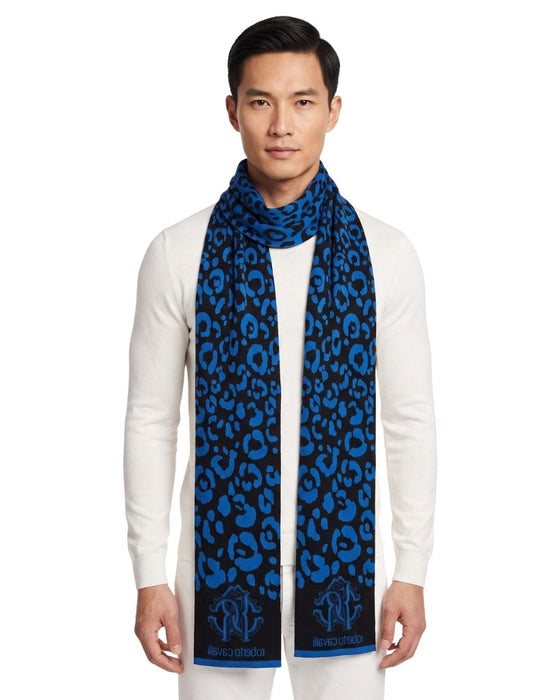 Roberto Cavalli Blue Jaguar Print Mens Wool Scarf