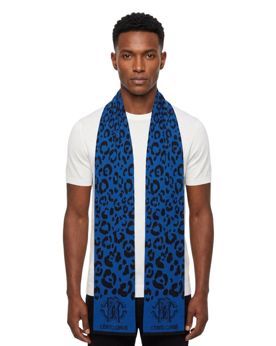 Roberto Cavalli Blue Jaguar Print Mens Wool Scarf