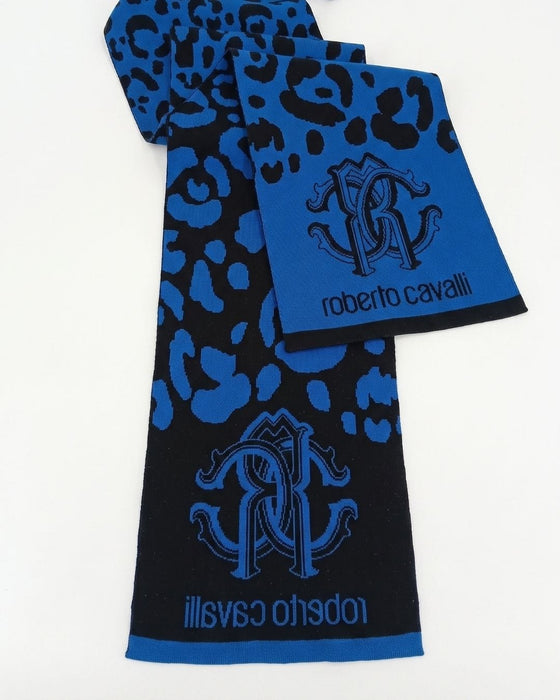 Roberto Cavalli Blue Jaguar Print Mens Wool Scarf
