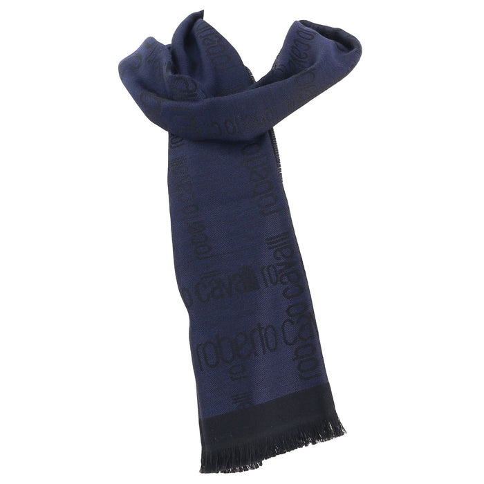 Roberto Cavalli Navy Blue & Black Signature Mens Wool Scarf
