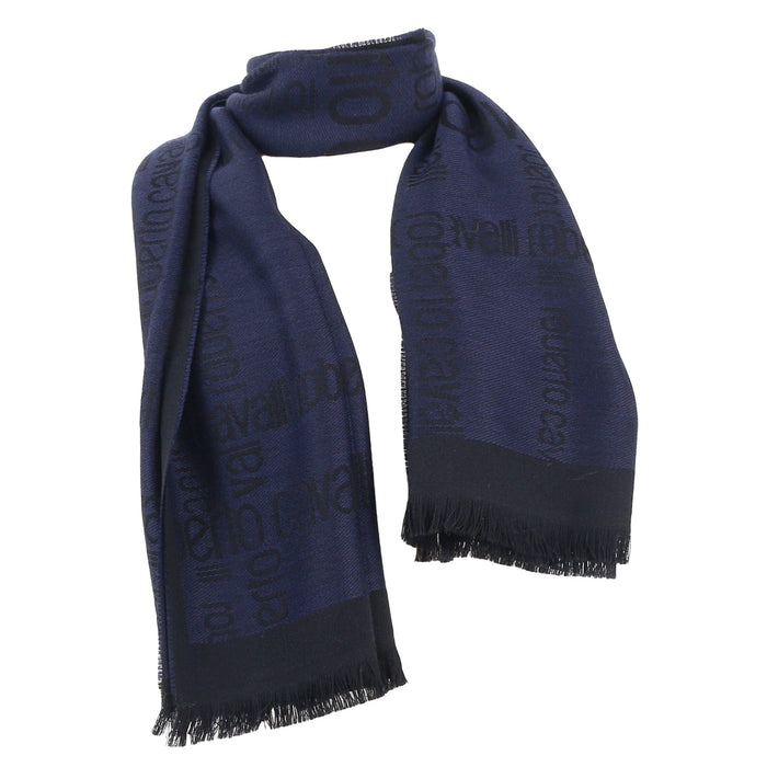 Roberto Cavalli Navy Blue & Black Signature Mens Wool Scarf