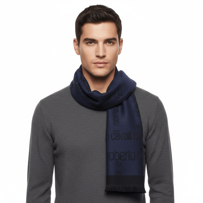 Roberto Cavalli Navy Blue & Black Signature Mens Wool Scarf