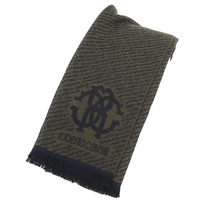 Roberto Cavalli Military Green Crest Logo Pattern Mens Wool Scarf