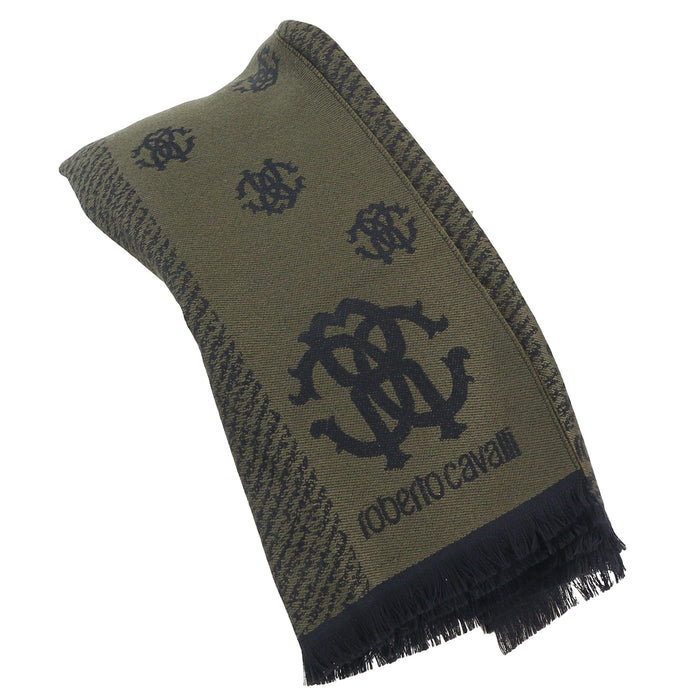 Roberto Cavalli Military Green Crest Logo Pattern Mens Wool Scarf
