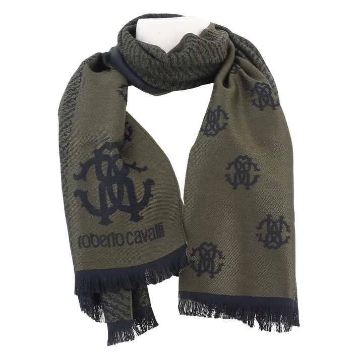 Roberto Cavalli Military Green Crest Logo Pattern Mens Wool Scarf