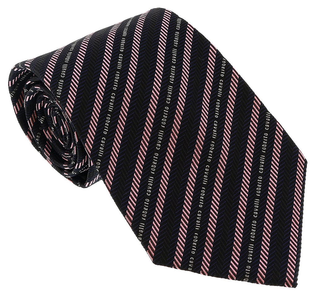 Roberto Cavalli  Black/ Light Pink Regimental Stripe Herringbone Tie