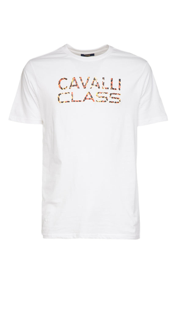 Cavalli Class White Logo Animal Print Fashion T-Shirt-L