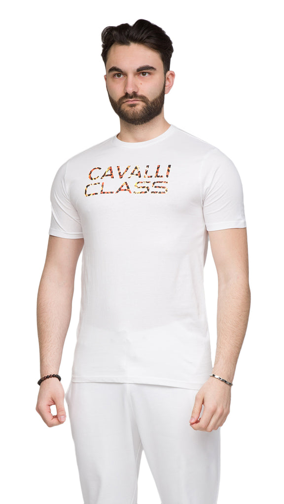 Cavalli Class White Logo Animal Print Fashion T-Shirt-