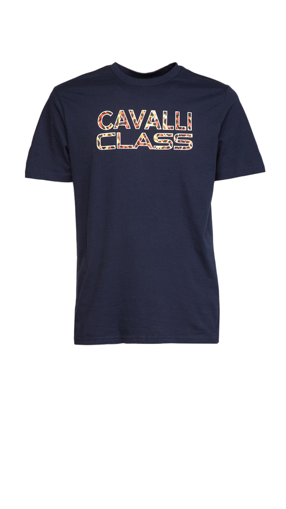 Cavalli Class Navy Logo Animal Print Fashion T-Shirt-XXL