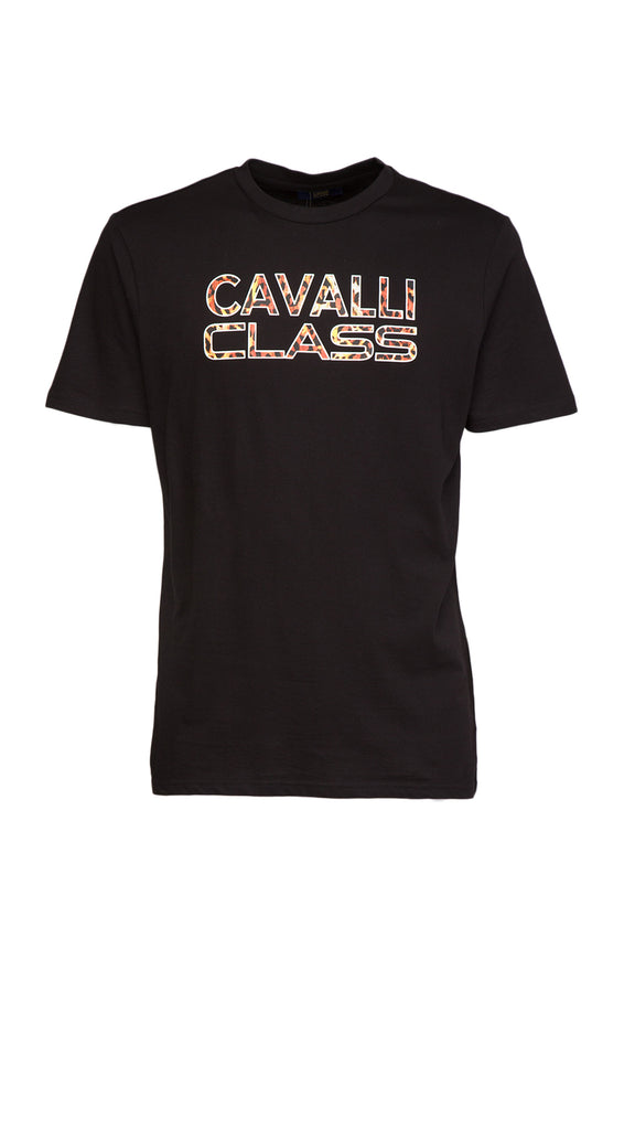 Cavalli Class Black Logo Animal Print Fashion T-Shirt-M