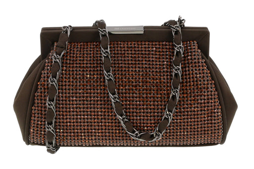 Scheilan  Brown Fabric Double Sided Crystal Paneled Clutch/Shoulder Bag