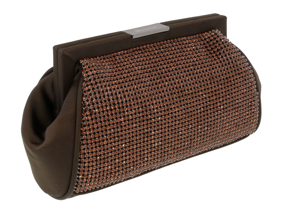 Scheilan  Brown Fabric Double Sided Crystal Paneled Clutch/Shoulder Bag