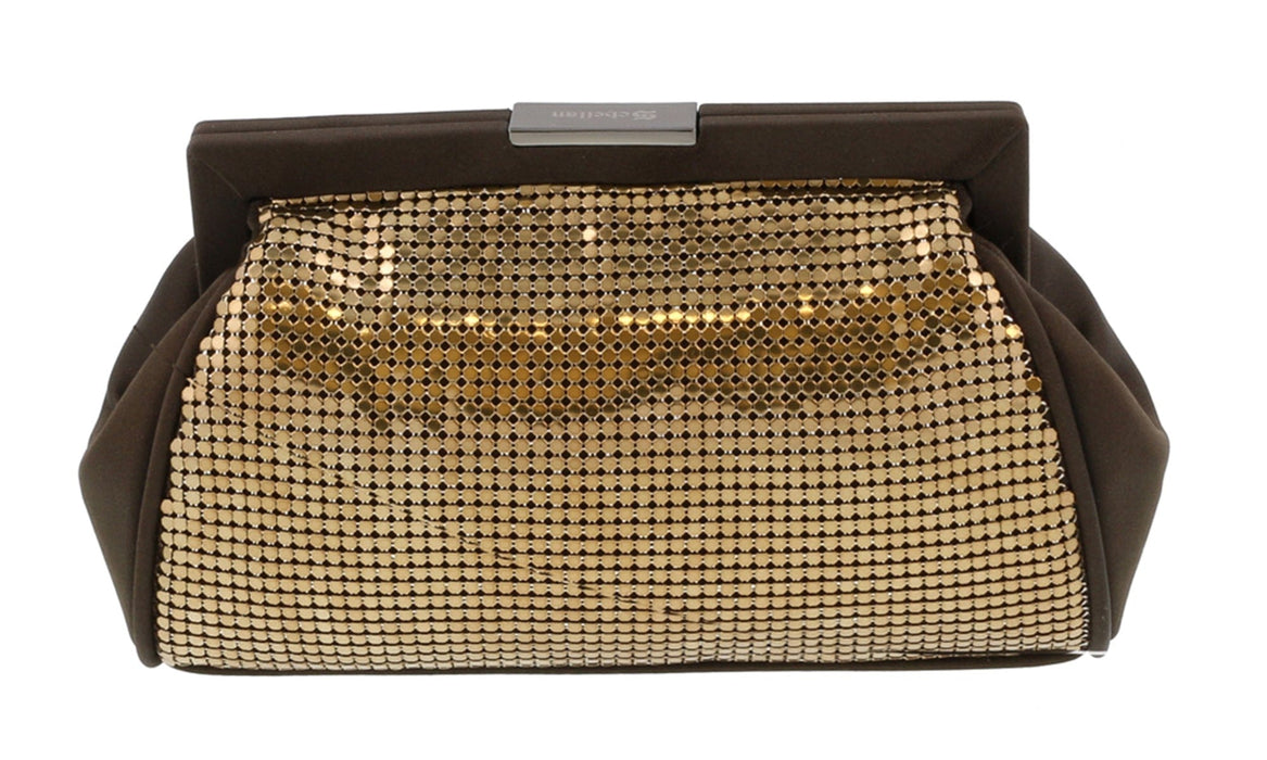 Scheilan  Brown Fabric Double Sided Crystal Paneled Clutch/Shoulder Bag