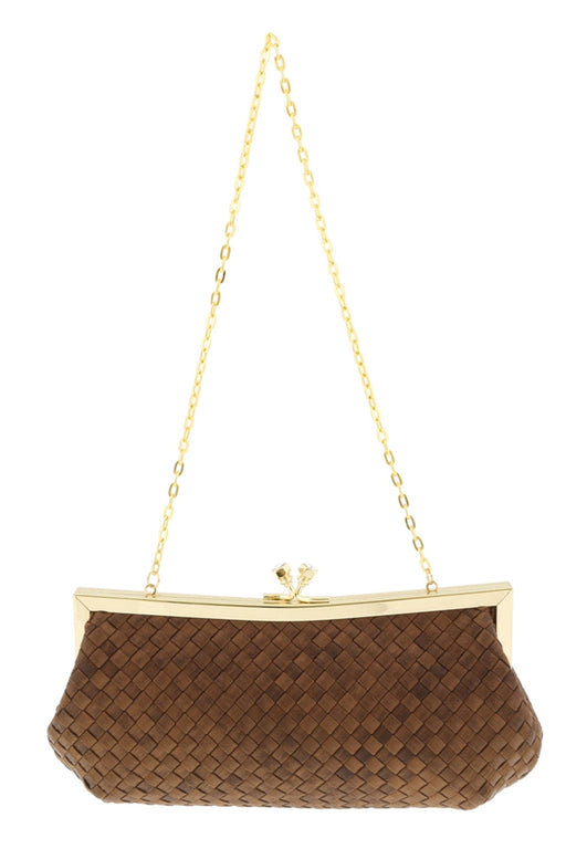 Scheilan  Brown Fabric Weave Knot Clutch/Shoulder Bag