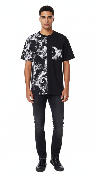 Versace Jeans Couture Black & White Baroque Split Graphic T-Shirt-S