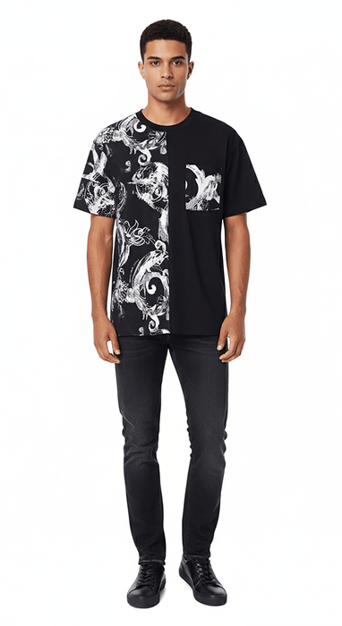 Versace Jeans Couture Black & White Baroque Split Graphic T-Shirt-S