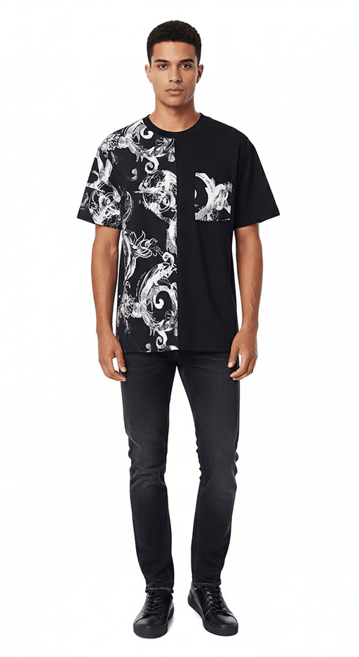 Versace Jeans Couture Black & White Baroque Split Graphic T-Shirt-