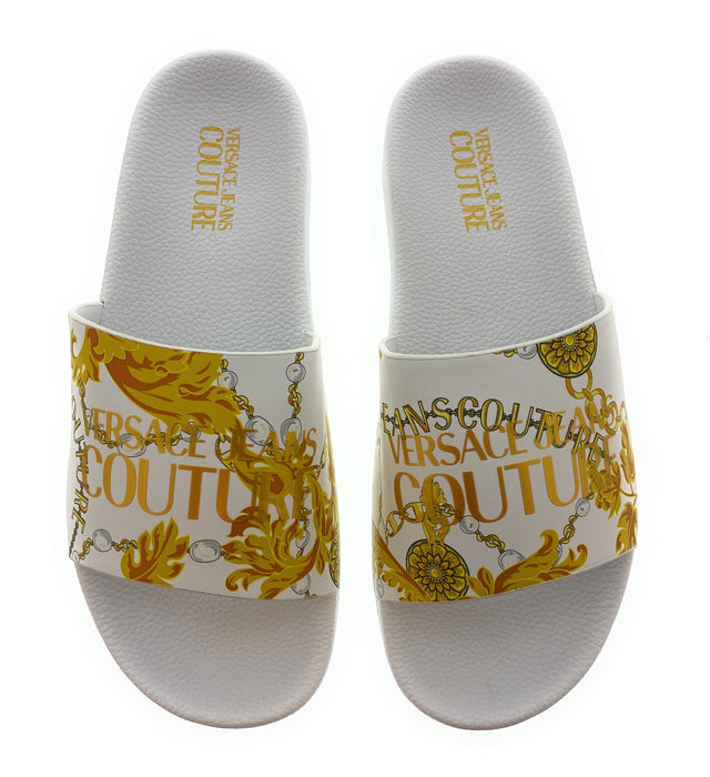 Versace Jeans Couture Baroque-Print White Slide Sandals with Gold Accent
