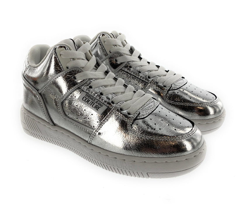 Versace Jeans Couture Womens Signature Mid Top Lace Up Silver Sneakers-