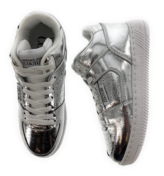 Versace Jeans Couture Womens Signature Mid Top Lace Up Silver Sneakers-