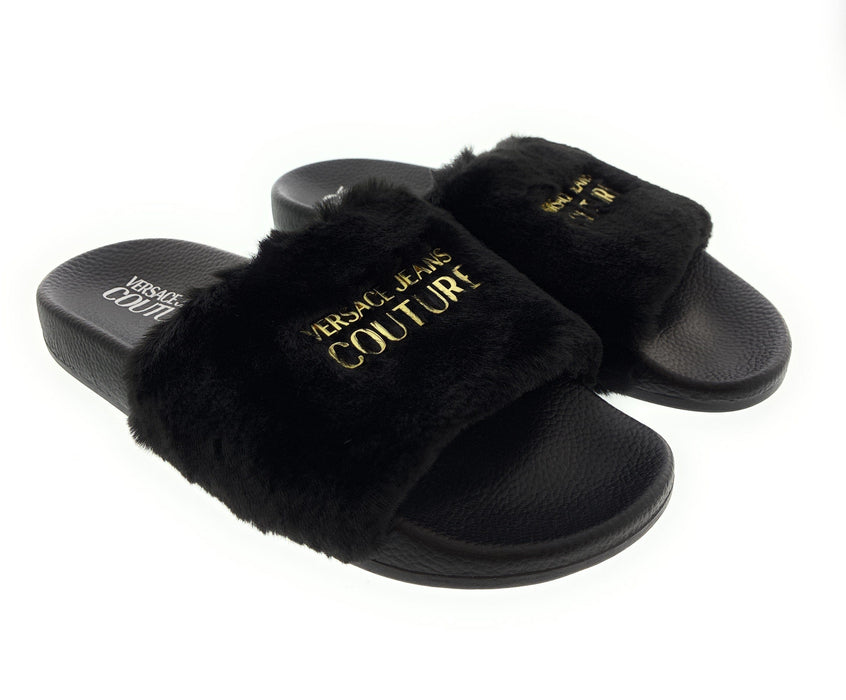 Versace Jeans Couture Womens Black Faux Fur Signature Slides-