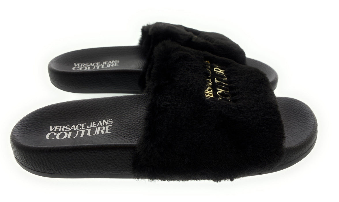 Versace Jeans Couture Womens Black Faux Fur Signature Slides-