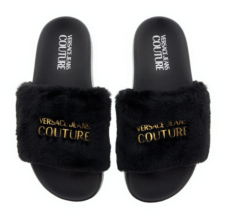 Versace Jeans Couture Womens Black Faux Fur Signature Slides-
