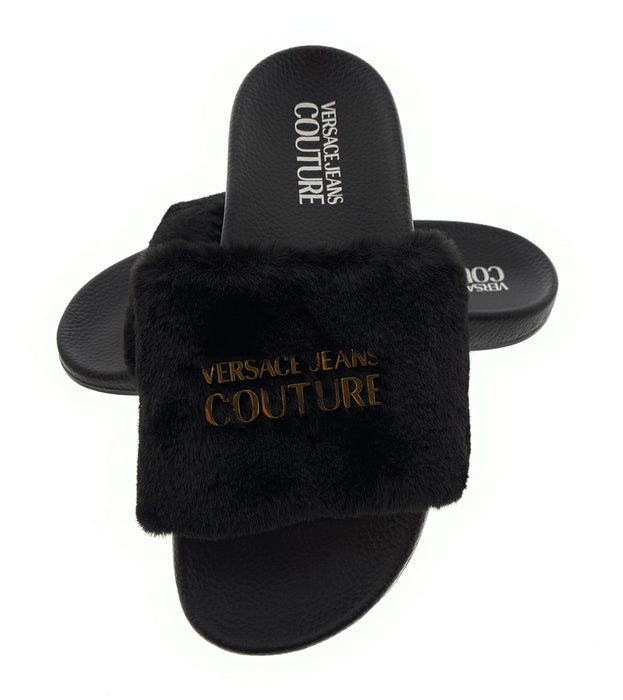 Versace Jeans Couture Womens Black Faux Fur Signature Slides-