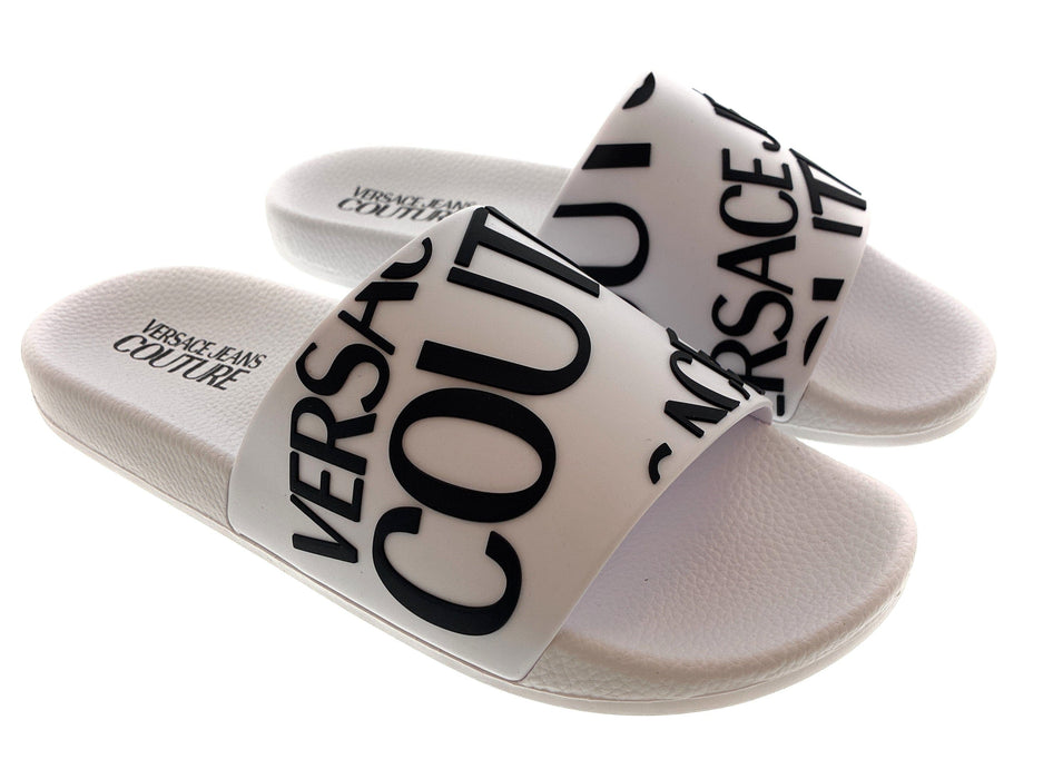 Versace Jeans Couture Womens White Logo Print Slide Sandals