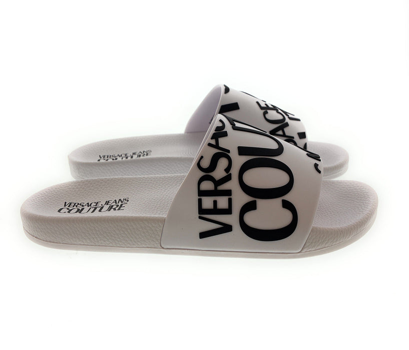 Versace Jeans Couture Womens White Logo Print Slide Sandals