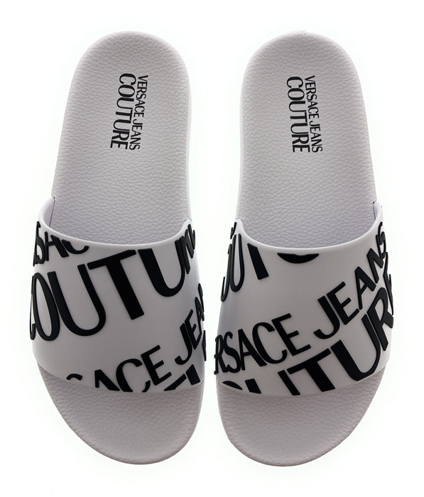 Versace Jeans Couture Womens White Logo Print Slide Sandals