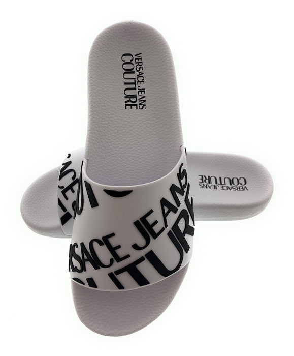 Versace Jeans Couture Womens White Logo Print Slide Sandals