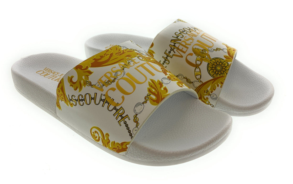 Versace Jeans Couture Womens White/Gold  Signature Pattern Pool Slide