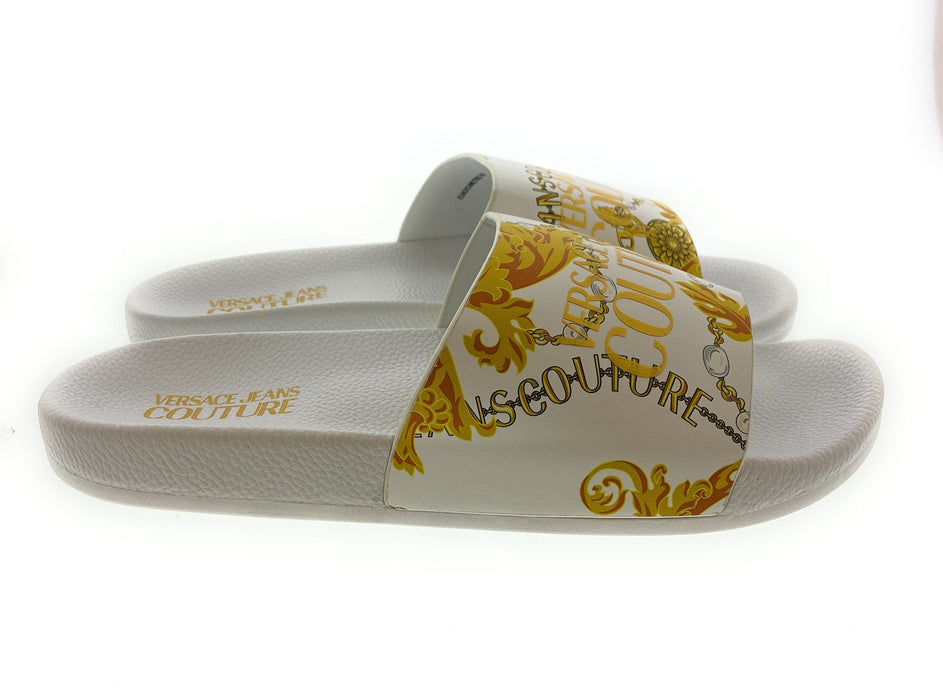 Versace Jeans Couture Womens White/Gold  Signature Pattern Pool Slide