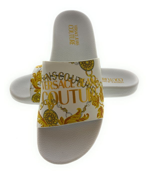 Versace Jeans Couture Womens White/Gold  Signature Pattern Pool Slide