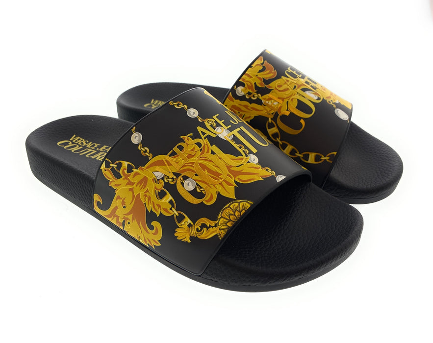 Versace Jeans Couture Womens Black/Gold  Signature Pattern Pool Slide