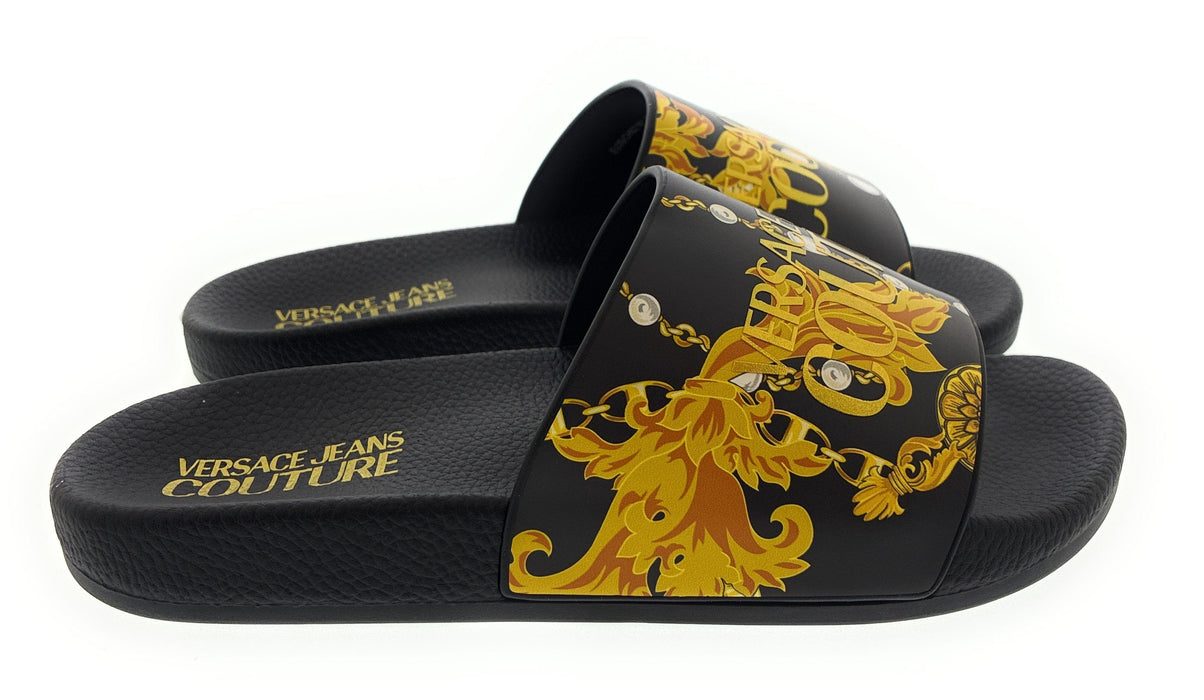 Versace Jeans Couture Womens Black/Gold  Signature Pattern Pool Slide