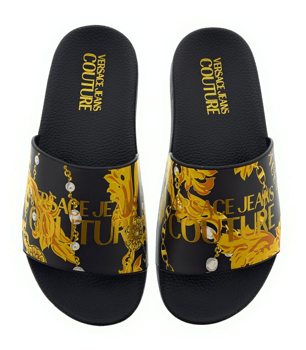 Versace Jeans Couture Womens Black/Gold  Signature Pattern Pool Slide