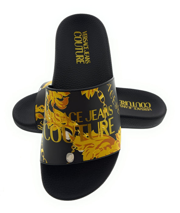 Versace Jeans Couture Womens Black/Gold  Signature Pattern Pool Slide