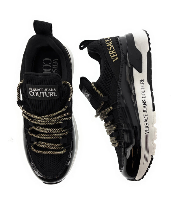 Versace Jeans Couture Womens Black Low-Top Chunky Sneakers with Gold Accents