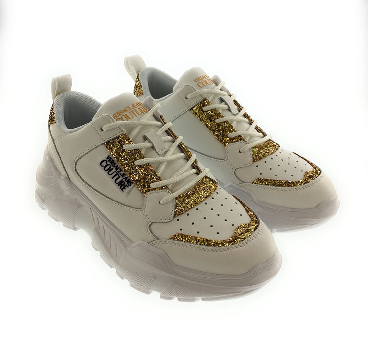 Versace Jeans Couture Womens Chunky White Sneakers with Gold Glitter Detail