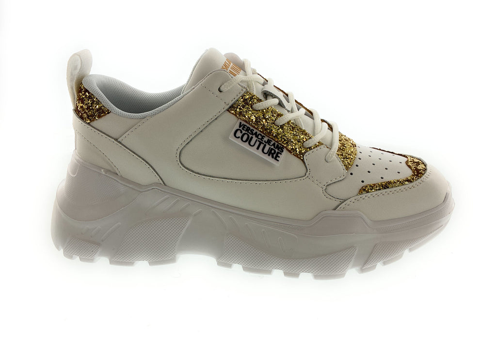 Versace Jeans Couture Womens Chunky White Sneakers with Gold Glitter Detail