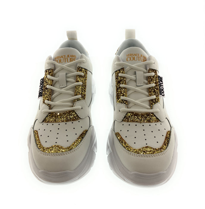 Versace Jeans Couture Womens Chunky White Sneakers with Gold Glitter Detail