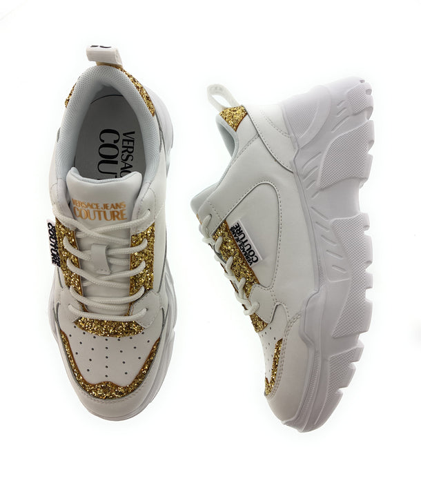 Versace Jeans Couture Womens Chunky White Sneakers with Gold Glitter Detail