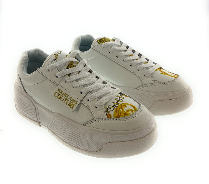 Versace Jeans Couture Womens White Baroque Accent Platform Sneakers
