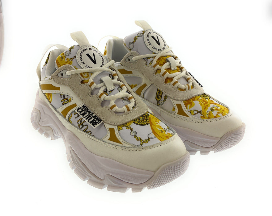Versace Jeans Couture Womens Chunky White Print Sneakers with Gold Chain Motif