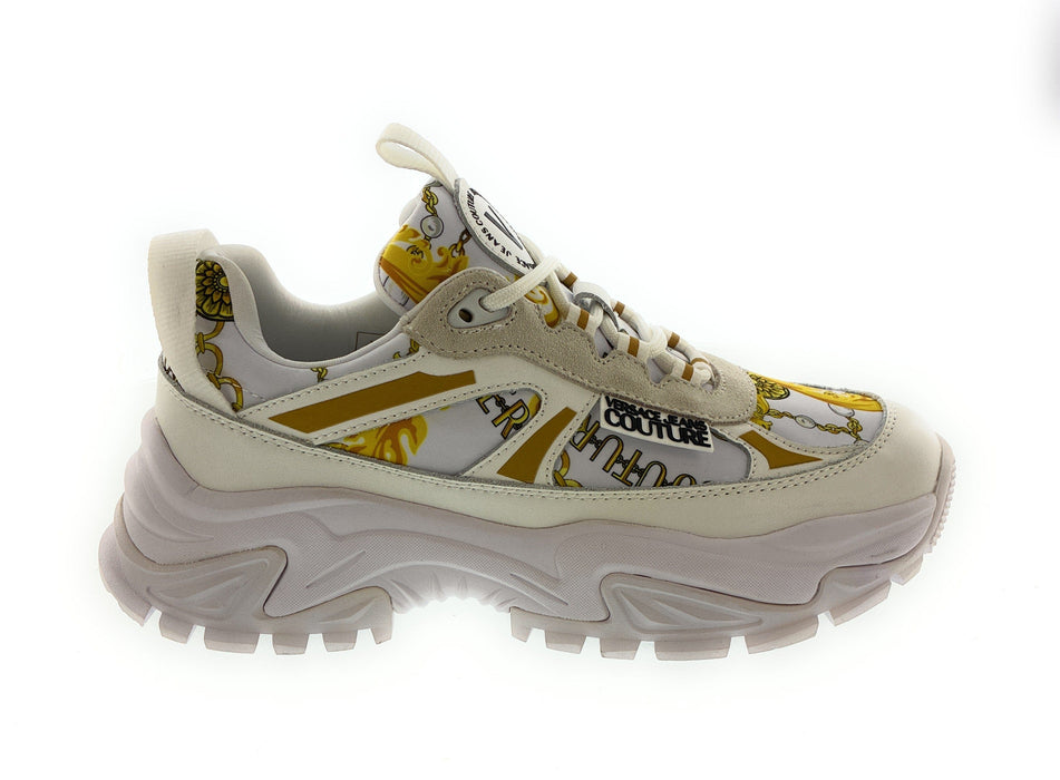 Versace Jeans Couture Womens Chunky White Print Sneakers with Gold Chain Motif